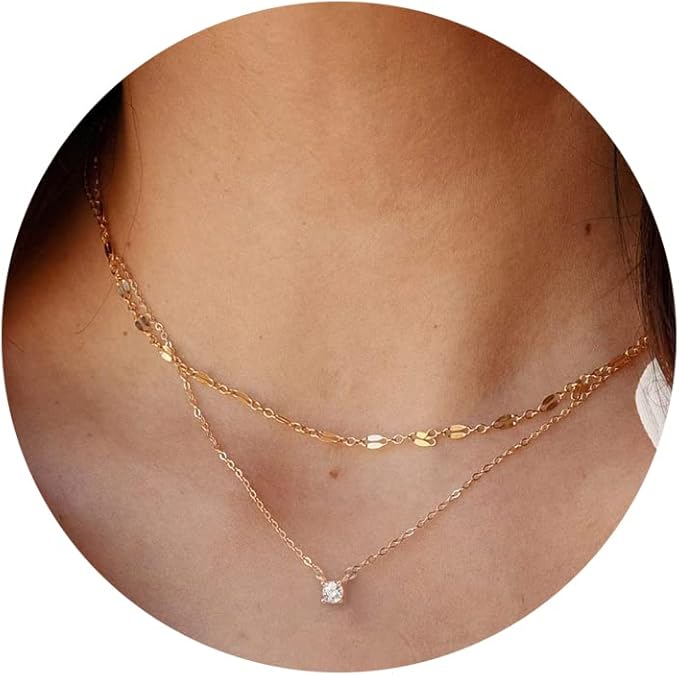 Women's Diamond Necklace, Simple Gold Plated CZ Jewelry Necklace -layered lace chain CZ
