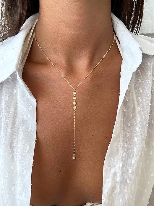 Necklace for Women,  Necklace Trendy Layered Cz Beaded Chain Drop Necklaces -Y CZ Lariat Necklace-GD