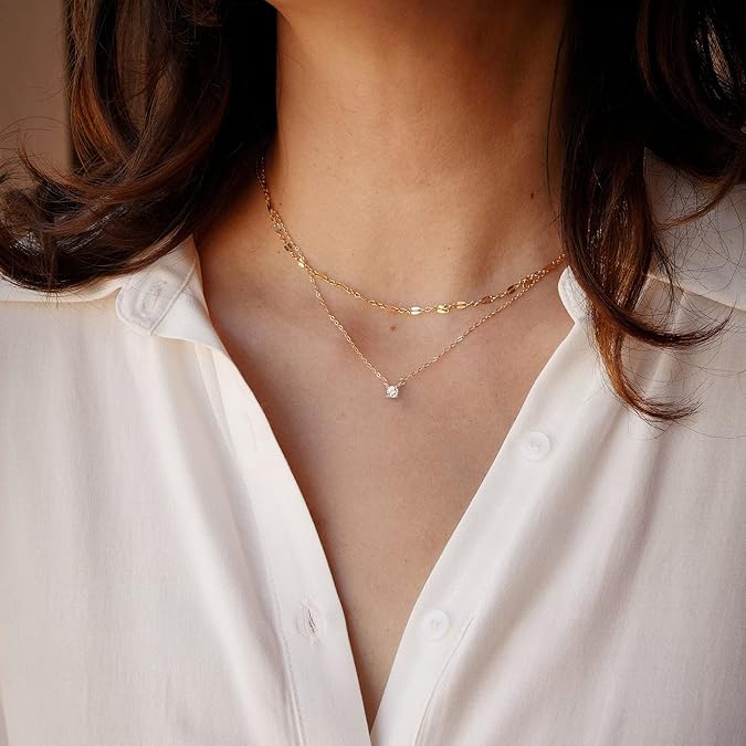 Women's Diamond Necklace, Simple Gold Plated CZ Jewelry Necklace -layered lace chain CZ