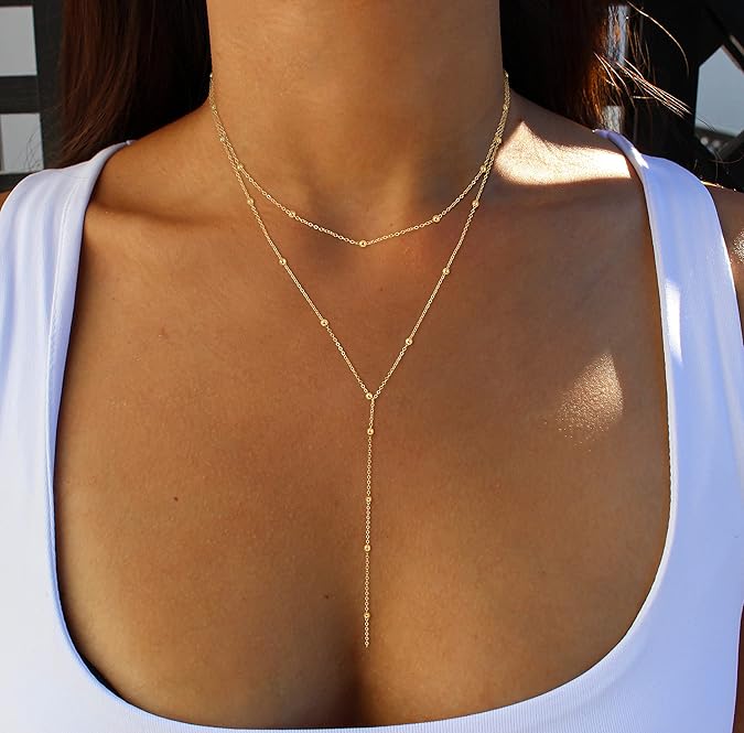 Necklace for Women,  Necklace Trendy Layered Cz Beaded Chain Drop Necklaces -Y Layered Bead Necklace-GD
