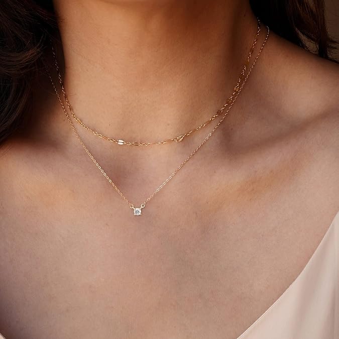 Women's Diamond Necklace, Simple Gold Plated CZ Jewelry Necklace -layered lace chain CZ